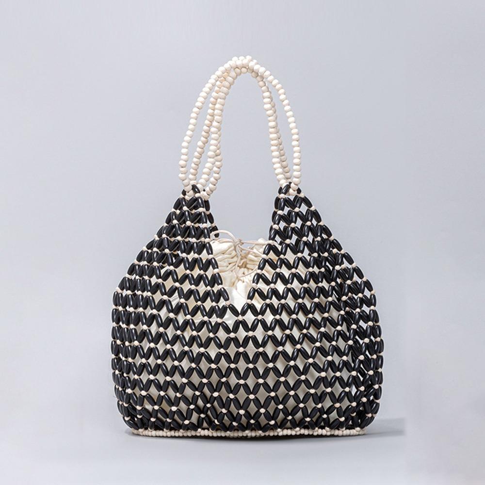 Fashion Polyester Lining Beaded Shoulder Bag Large Capacity Handwoven Ladies Handbag Bucket Shape Women Crossbody Bag Ladies