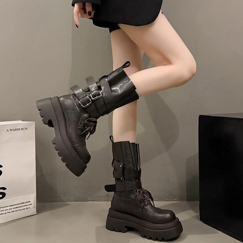 Черные ботинки Мартин женские 2025 новые осенние одинарные ботинки ретро британский стиль толстая подошва увеличивающие рост западные ковбойские короткие ботинки