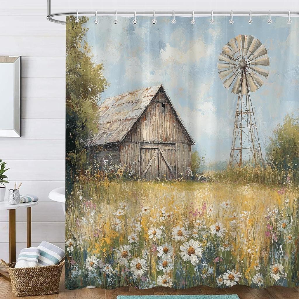 Rustic Barn Windmill Shower Curtain, Western Farm Barn Daisy Floral Farmhouse Bath Curtains Set, 72x72 inch Waterproof Fabric Ba