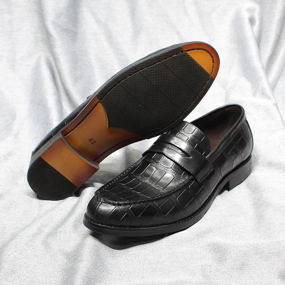Fashion Men's Genuine Leather Penny Loafers with Handmade Alligator Pattern Slip-On Dress Shoes for Wedding Party Office Casual Loafer