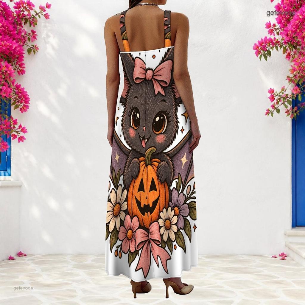Women Plus Size Scoop Neck Strappy Sleeveless A Line Long Dress Cartoon Panda Ghost Printed White