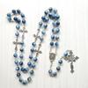 62KD Blue Acrylic Rosary Necklace Long for Cross Pendant Catholic Christian Necklace Religious Jewelry for Men Women Charm Gift