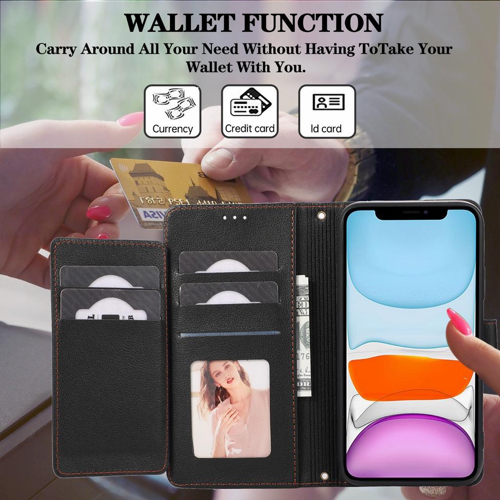 For iPhone 11 Cell Phone Case Lines Imprinted Built-in Mirror Anti-drop Leather Cover with 2 Straps