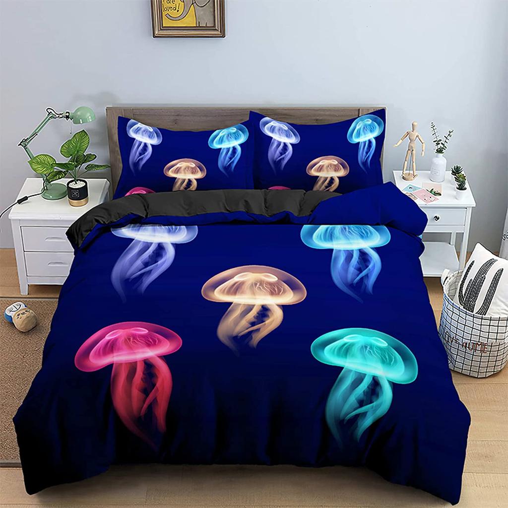 Jellyfish Bedding Set Queen,Ocean Nautical Comforter Cover for Kids Boys Girls,Hawaii Beach Duvet Cover Teens Cute Sea Animal