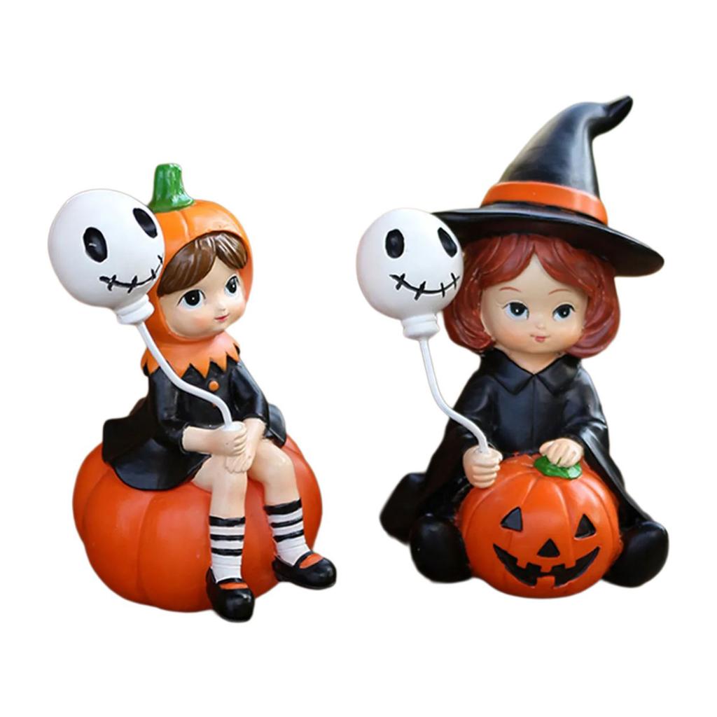 Pack Of 2 Halloween Resins Figurines Pumpkin Witch Holding Ghostly Balloon Sculptures For Party Tabletop Decoration