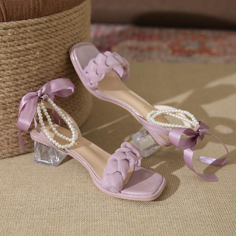 Comfort Shoes for Women 2024 Summer Female Sandal Buckle Strap Clear Heels All-Match Girls Pearl Block New High Fashion Retro Lo