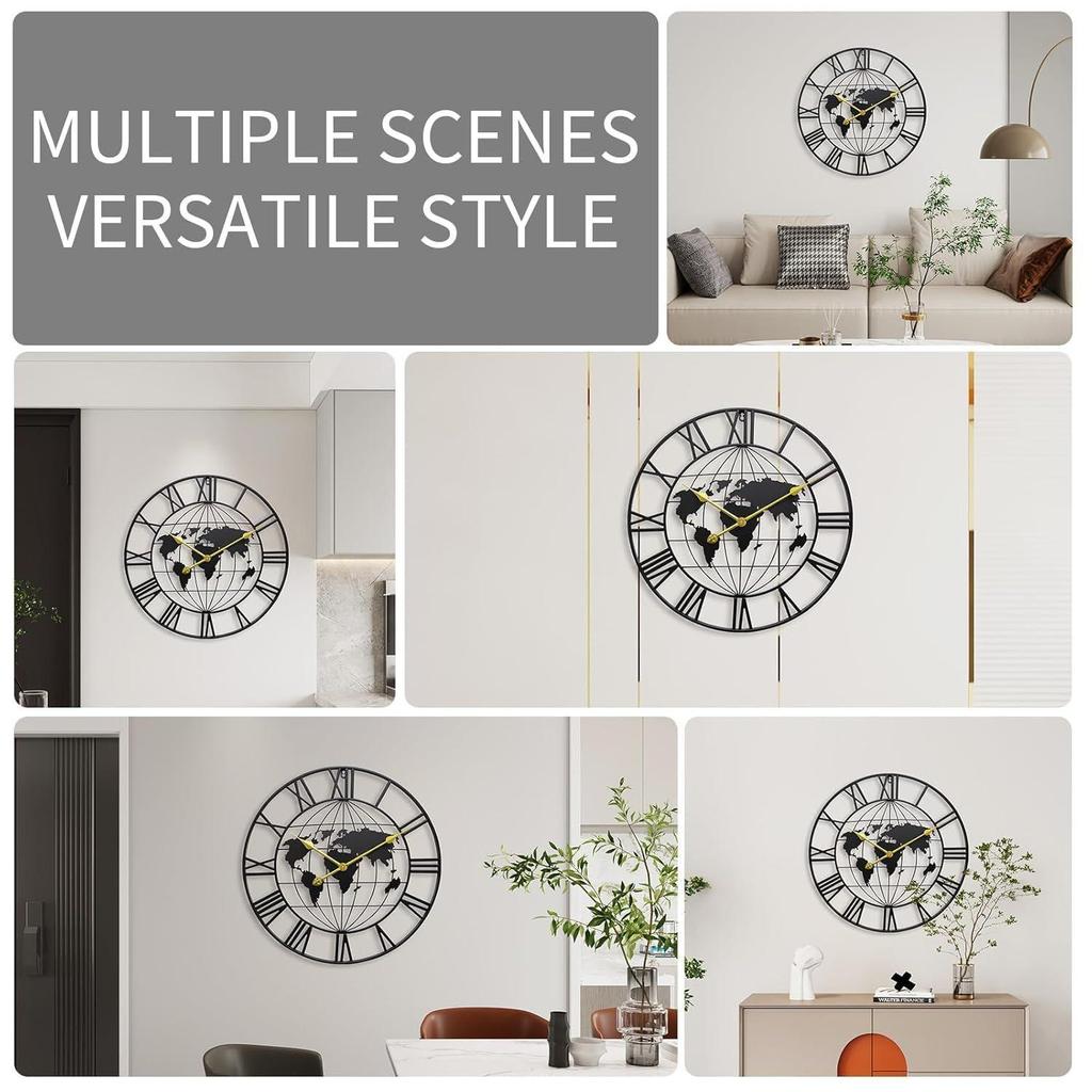 Large World Map Wall Clock, Metal Minimalist Modern Clock, Round Silent Non-Ticking Battery Operated Wall Clocks for Living Room/Home
