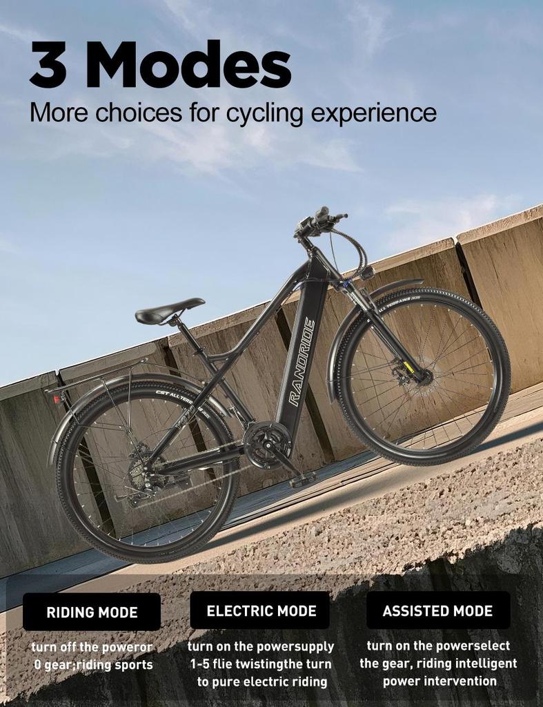 Электровелосипед RANDRIDE YG70 27,5" 1000 Вт Пиковая мощность двигателя 48 В 14 Ач Аккумулятор Максимальная скорость 45 км/ч Максимальный запас хода 50 км