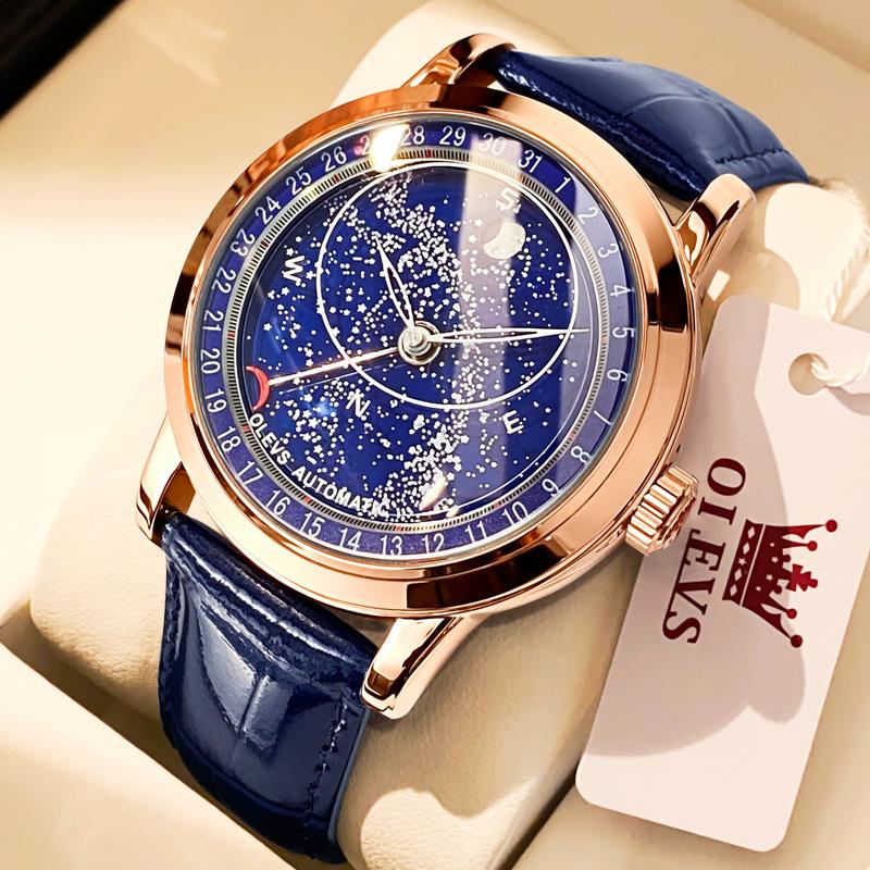 OLEVS 9923 Мужские Часы Автоматические Механические Часы с Фазами Луны для Мужчины Синий Кожаный Ремешок Люксовые Классические Водонепроницаемые Светящиеся Наручные Часы