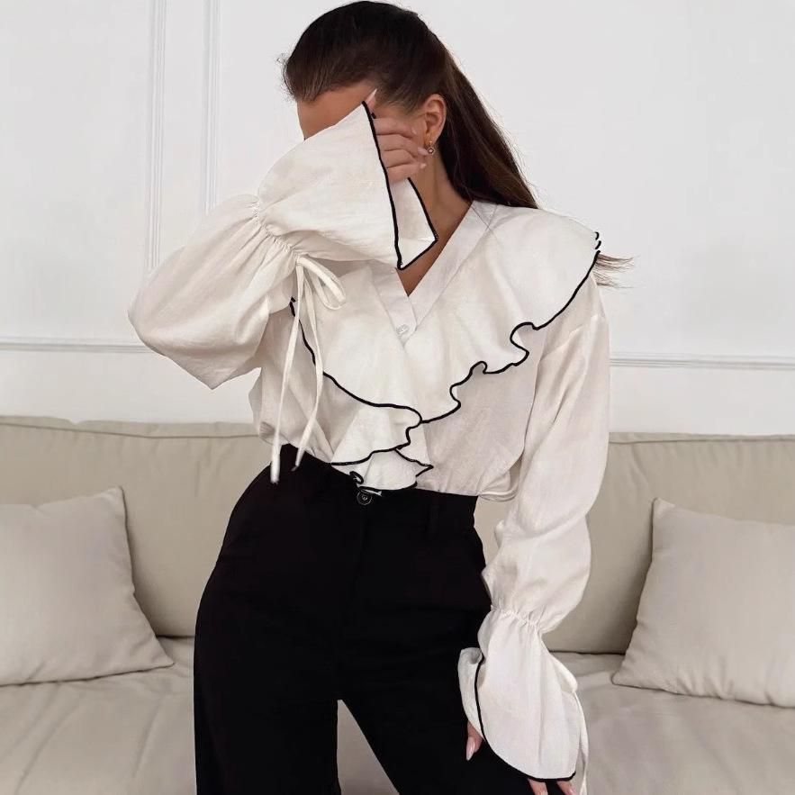 Новый Весенне-Осенний Женский Простой Модный Повседневный Кардиган Топ Цветной Блок Многослойная Рубашка с Рюшами