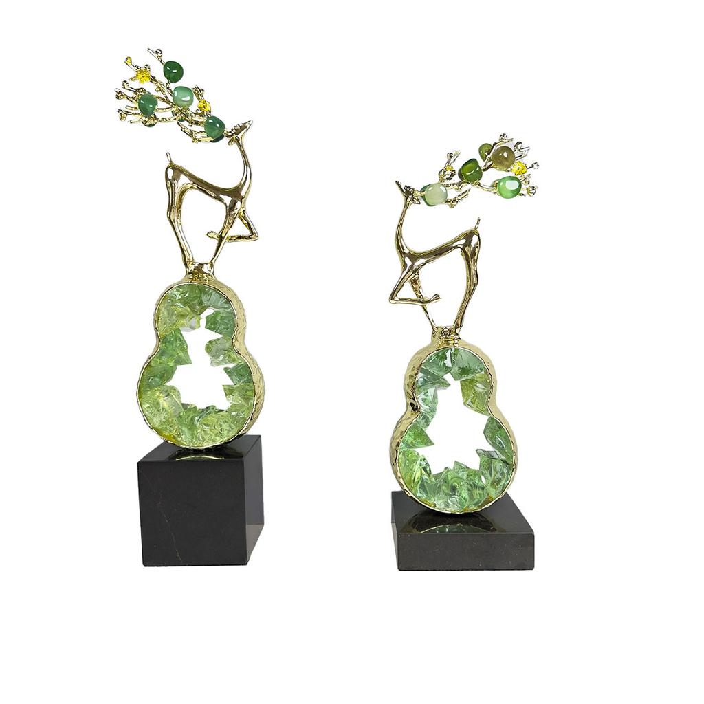 Metal Handicrafts Crystal Green Gourd Sculpture Golden Deer Metal Figurine Lucky Crystal Statue Home Decoration Accessories