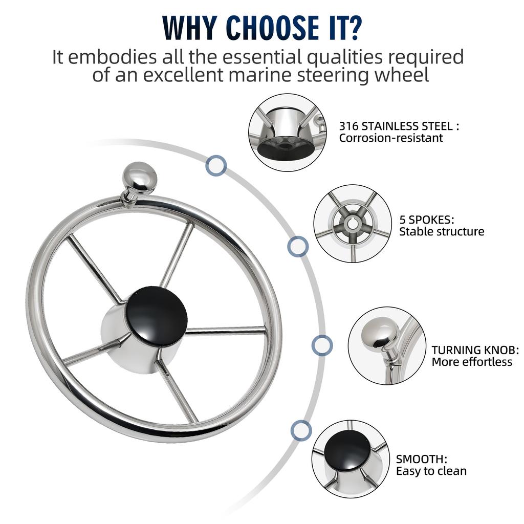 Stainless steel 5 Spoke Destroyer Steering Wheel or with Knob Mirror Polished Steering Wheel For Marine Yacht Boat Accessories