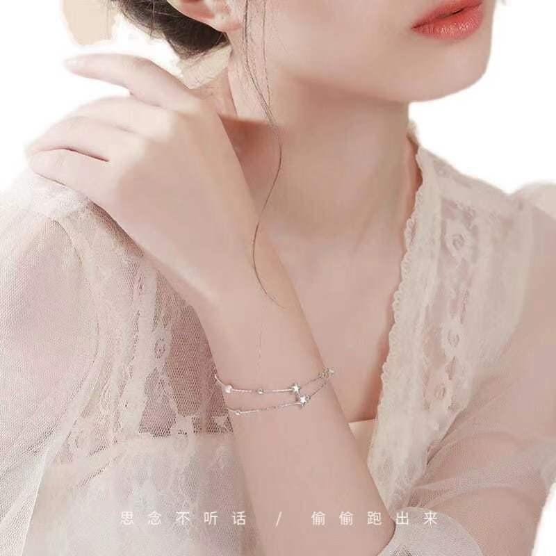 925 Sterling Silver Bead Chain Bracelets For Women Korean Sweet Double Layer Beautiful Stars Bracelets Original Jewelry Gifts