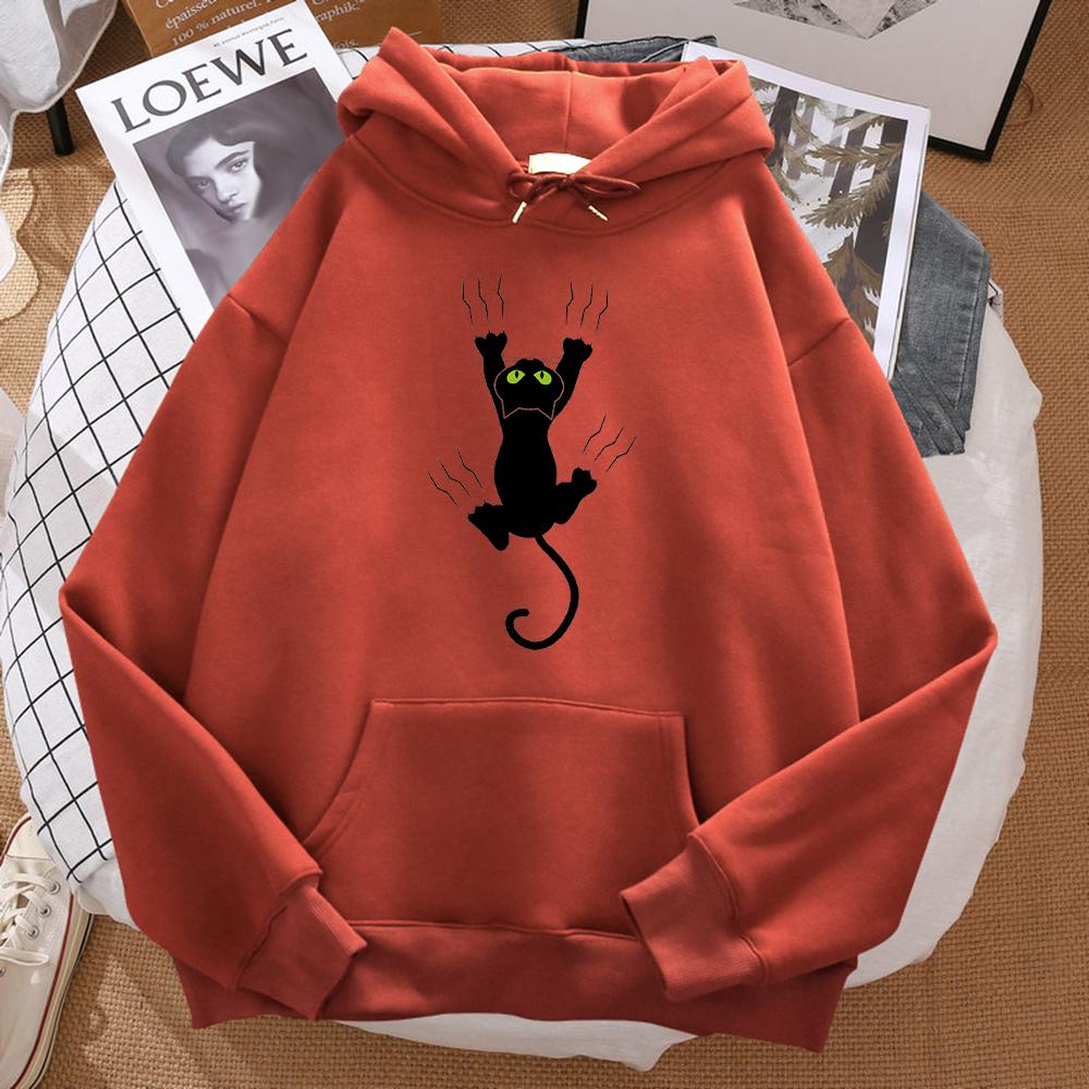 Naughty Black Cat Print Women's Hooded Hip-hop Comfortable Sweatshirt Cartoon Soft Hooded Harajuku Sportswear