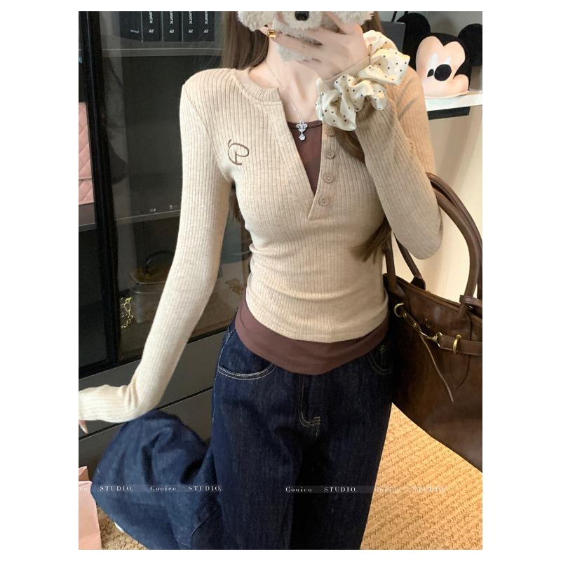 Spring Autumn Fake Two Pieces Casual Fashion Bottomed T-shirt Women Long Sleeve Patchwork Tee Pullover Top