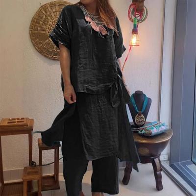 Женский комплект из хлопка и льна, состоящий из двух предметов: короткий рукав, круглый вырез, завязка по бокам, верх и широкие брюки, повседневный комплект для отдыха