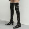 2025 New Giant Thin European and American Velvet Leather Boots Square Head Thick High Heel Knee Boots Women's Patent Leather Elastic Thin Boots