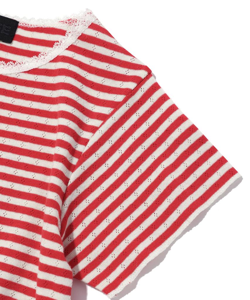YOUHEE Lace Stripe T-Shirts Red