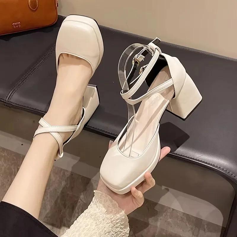 Women Thick Bottom High Heel 2024 New Style Thick Heel Mary Jane Shoes Fashion Buckle Design Banquet Dress Party Shoes Zapatilla
