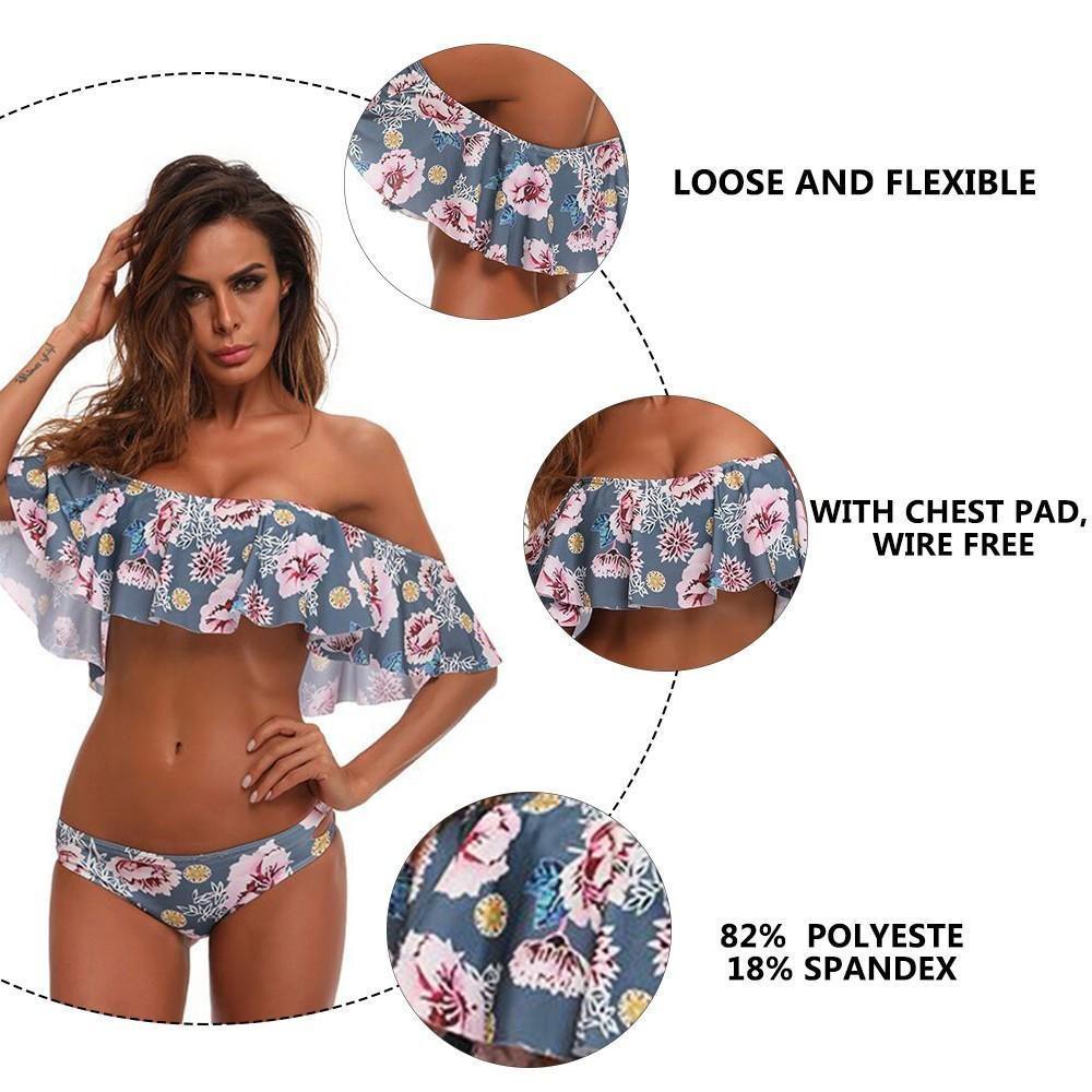 Sexy Off-the-shoulder Bikini With Ruffled Edges And Floral Accents High Quality Polyester Material