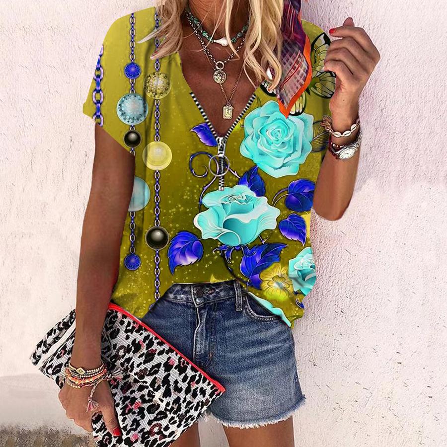 Женский топ, летний новый модный топ с яркими цветами и принтом розы, повседневный топ на молнии с v-образным вырезом и короткими рукавами