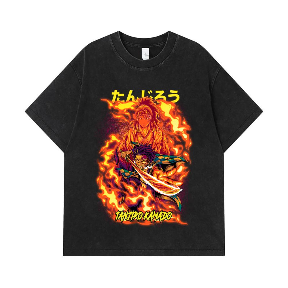 275 GSM Washed T-shirts 100% Cotton Demon Slayer V107 Tanjiro Print Unisex Heavy Cotton T Shirt