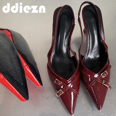 Мода Мода Женские Сандалии Модные Каблуки Бордовая Обувь Женские Туфли Слингбэки Обувь Для Остроносых Дам Каблуки Обувь Сандалии