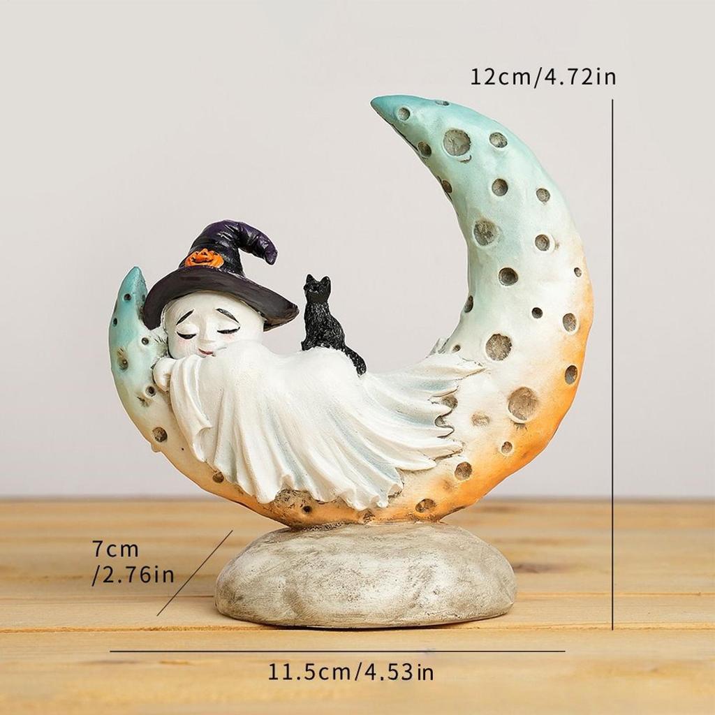 Creative mermaid moon little ghost Figurines with Witch Hat Halloween resin craft Home Decor living room decoration for Holiday
