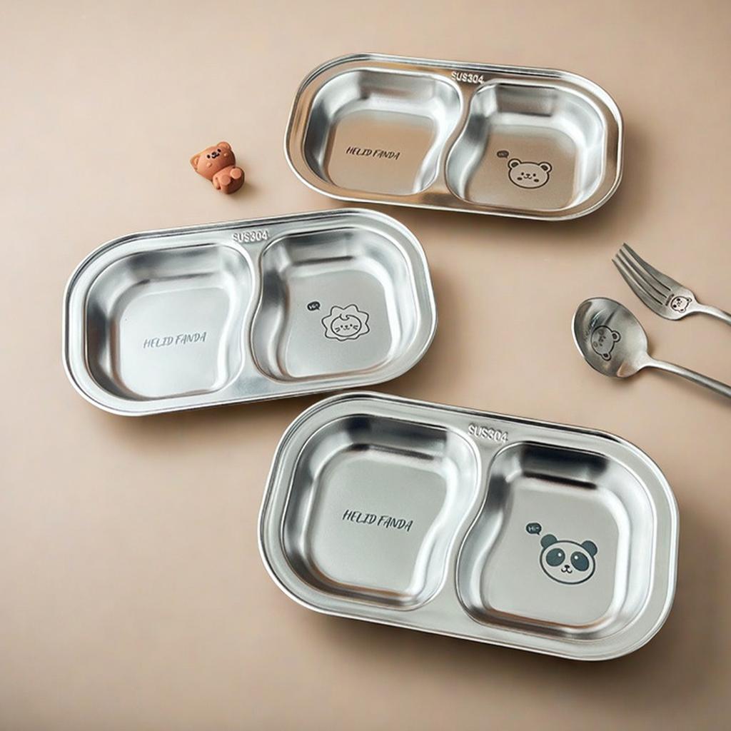 Snack Dessert Plate 304 Stainless Steel Dinner Plate Kid Divided Dinnerware 2 Compartment Sauce Plate Kitchen Tableware