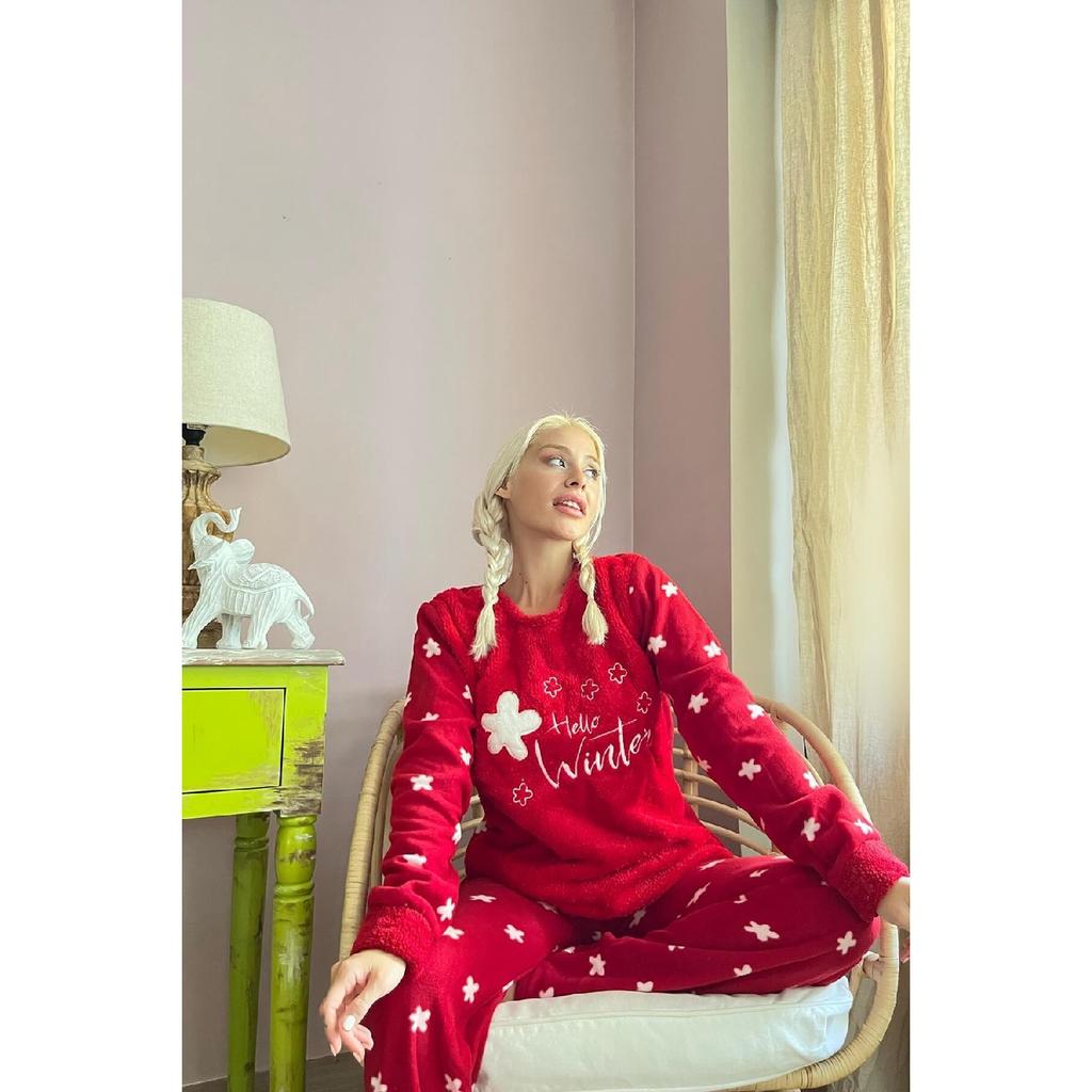 Фиолетовый женский плюшевый пижамный комплект с рисунком Hello Winter