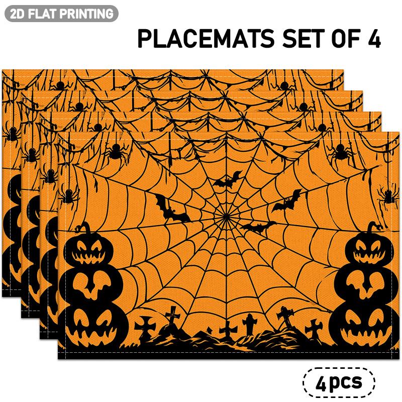 4/6pcs Halloween Themed Placemats, Featuring Spider Webs, Spiders, Bats, Jack-o'-lanterns, and Tombstone Patterns. Suitable for Halloween Celebration