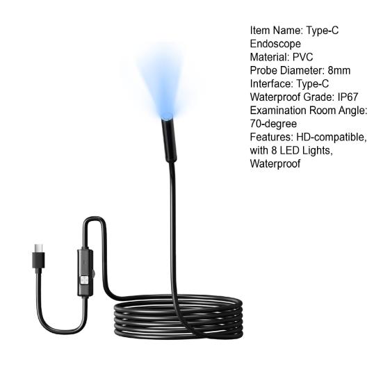 Эндоскопическая камера 1920P HD-совместимая с 8 светодиодными лампами Водонепроницаемая инспекционная камера Тип-C Эндоскоп для двигателей автомобилей-рыб