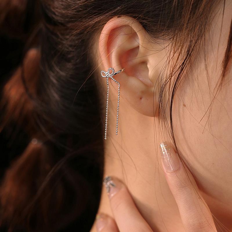 Bow Tassel Ear Clips, Sweet Personality And Thin Round Bead Chain, Ear Bone Clips, Long Earrings Without Piercings, Women