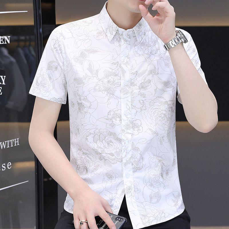 Printed Short-sleeved Shirt Men's Summer Trend Handsome Ice Silk Shirt Casual Handsome Summer Fashion Men's Inch Clothes