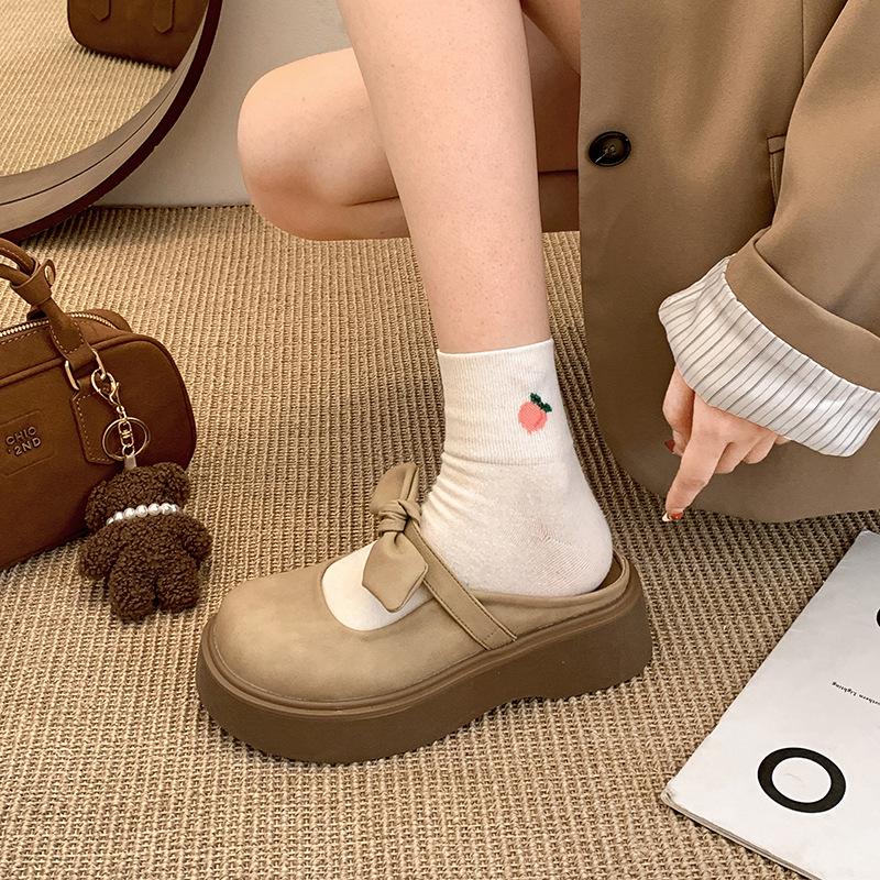 Тапочки-мешки с толстой подошвой и бантом в стиле ретро для женщин, летняя одежда 2025 года, новые полутапочки Мэри Джейн с одной педалью