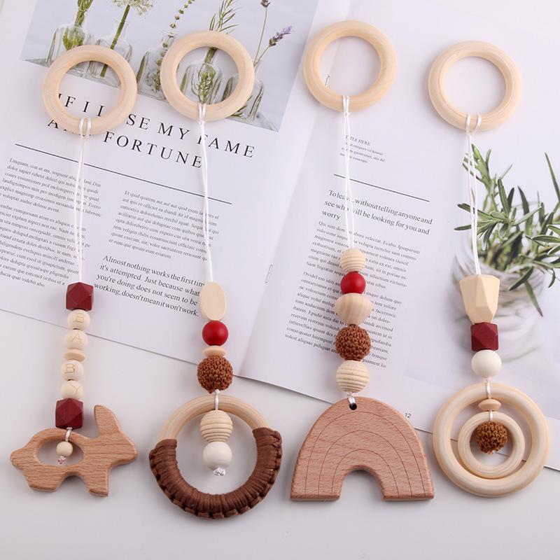 4pcs Organic Rainbow Beech Wood Soft Teether Baby Teething Toy Gift Set Food Grade BPA Free Safe Newborn Infant Beads 30cm