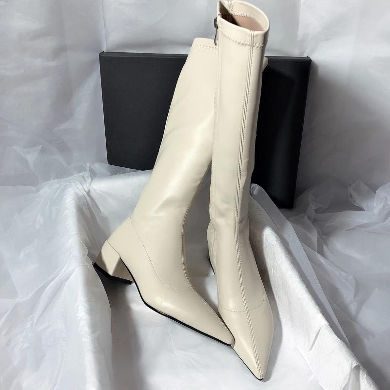 Новые осенне-зимние высокие сапоги с острым носком женские толстые туфли-лодочки модные женские туфли до колена на молнии женские элегантные сапоги Botas Zapatos