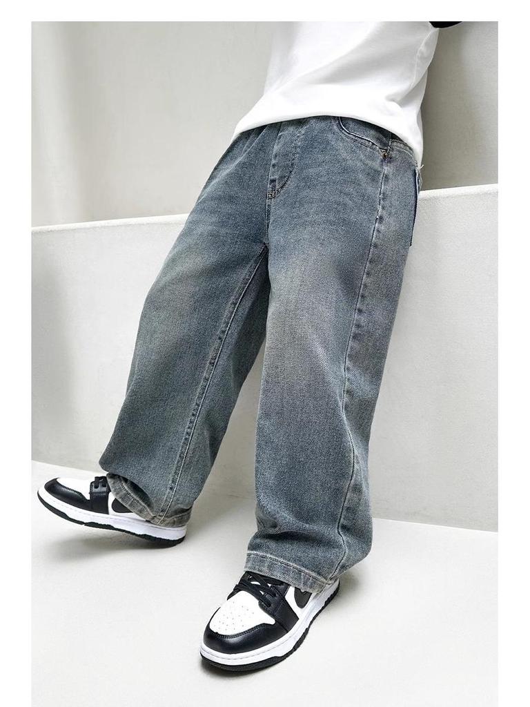 Джинсы прямого кроя на флисовой подкладке для мальчиков, новый стиль 2025 года, для детей среднего и старшего возраста