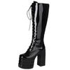 Сексуальные панк-сапоги до колена на платформе, готические черные зимние ботинки на высоком каблуке, кожаные, со шнуровкой, фетиш-туфли для стриптиза, женские, большого размера 45