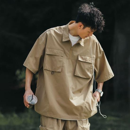 Summer Men Cargo Top Chest Pockets Solid Color Loose Zipper Plus Size Hip Hop Streetwear Plus Size Half Sleeves Half-open Turn-down Collar Mid