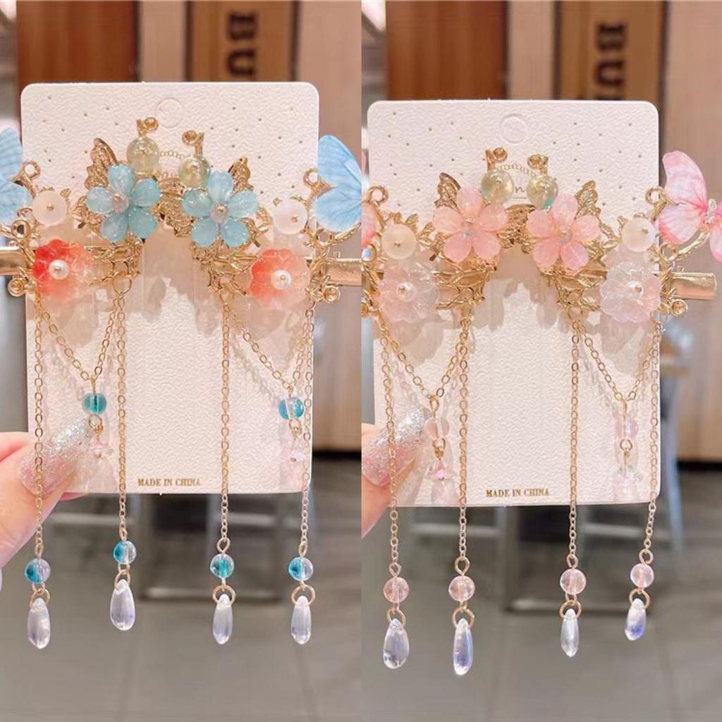 Заколки для волос в китайском стиле Элегантные Изысканные Заколки для волос с бабочками, лепестками и кисточками для девочек, Ювелирные украшения для Ханфу, Аксессуары для волос 1 пара