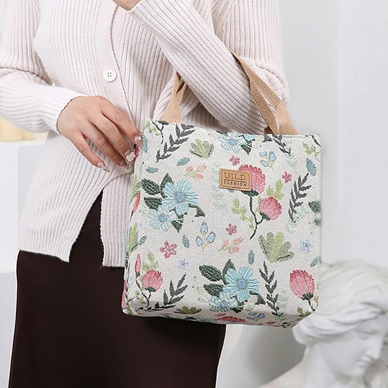 Aesthetic Floral Print Lunch Bag Large Capacity Lunch Handbag For School Work Travel Picnic Portable Mother'S Bag