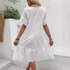 Summer Women Dress Hollow Out Pleated A-line O Neck Short Horn Sleeves Midi Dress Patchwork Solid Color Big Swing Lady Dress