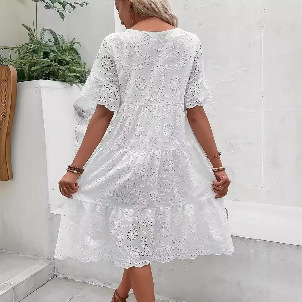 Summer Women Dress Hollow Out Pleated A-line O Neck Short Horn Sleeves Midi Dress Patchwork Solid Color Big Swing Lady Dress