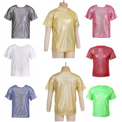 Детская унисекс одежда для девочек и мальчиков, повседневная танцевальная одежда с коротким рукавом, металлизированная блестящая блузка, топ