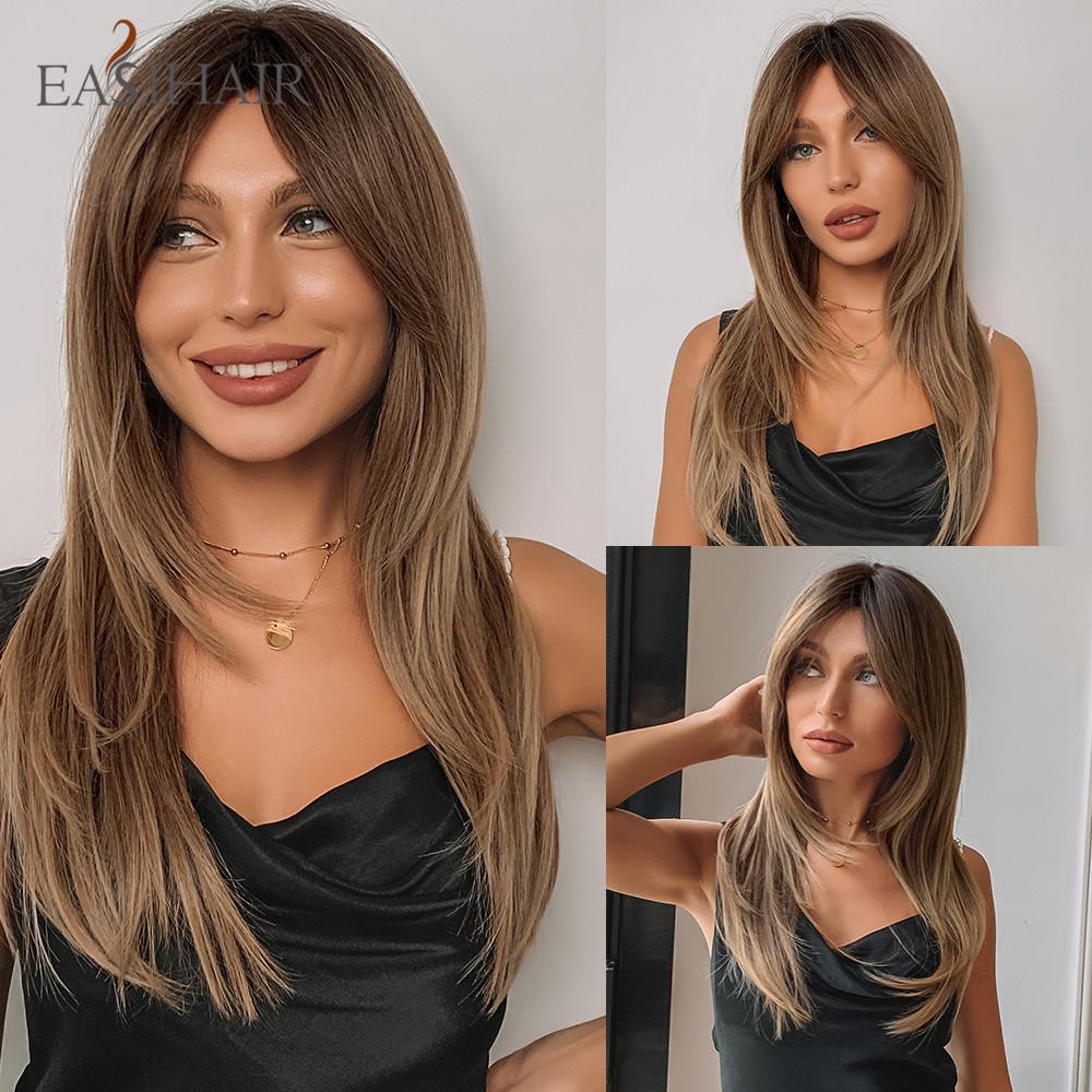 EASIHAIR Темно-коричневые черные синтетические парики с челкой, средней длины, прямые, слоистые, натуральные волосы для женщин, для повседневного ношения, косплея, термостойкие