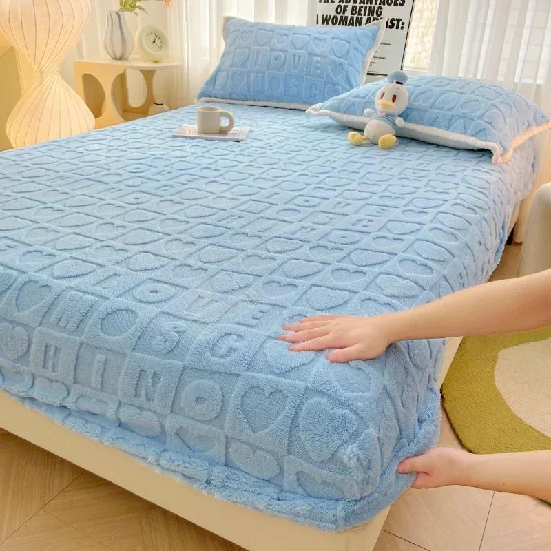 Milk Velvet Fitted Sheet Soft Comfortable Fleece Bed Cover Autumn Winter Mattress Protector Cover Bedsheet Solid Color