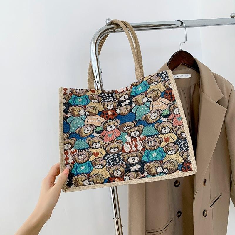 Stylish Unisex Pu Canvas Shoulder Bag For College Students With Cute Bear Patterns