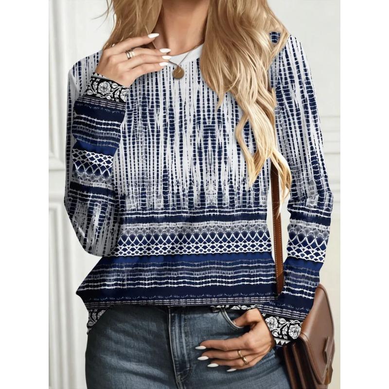 Women's Autumn and Winter 3D Star Printed Crew Neck Long Sleeve T-Shirt