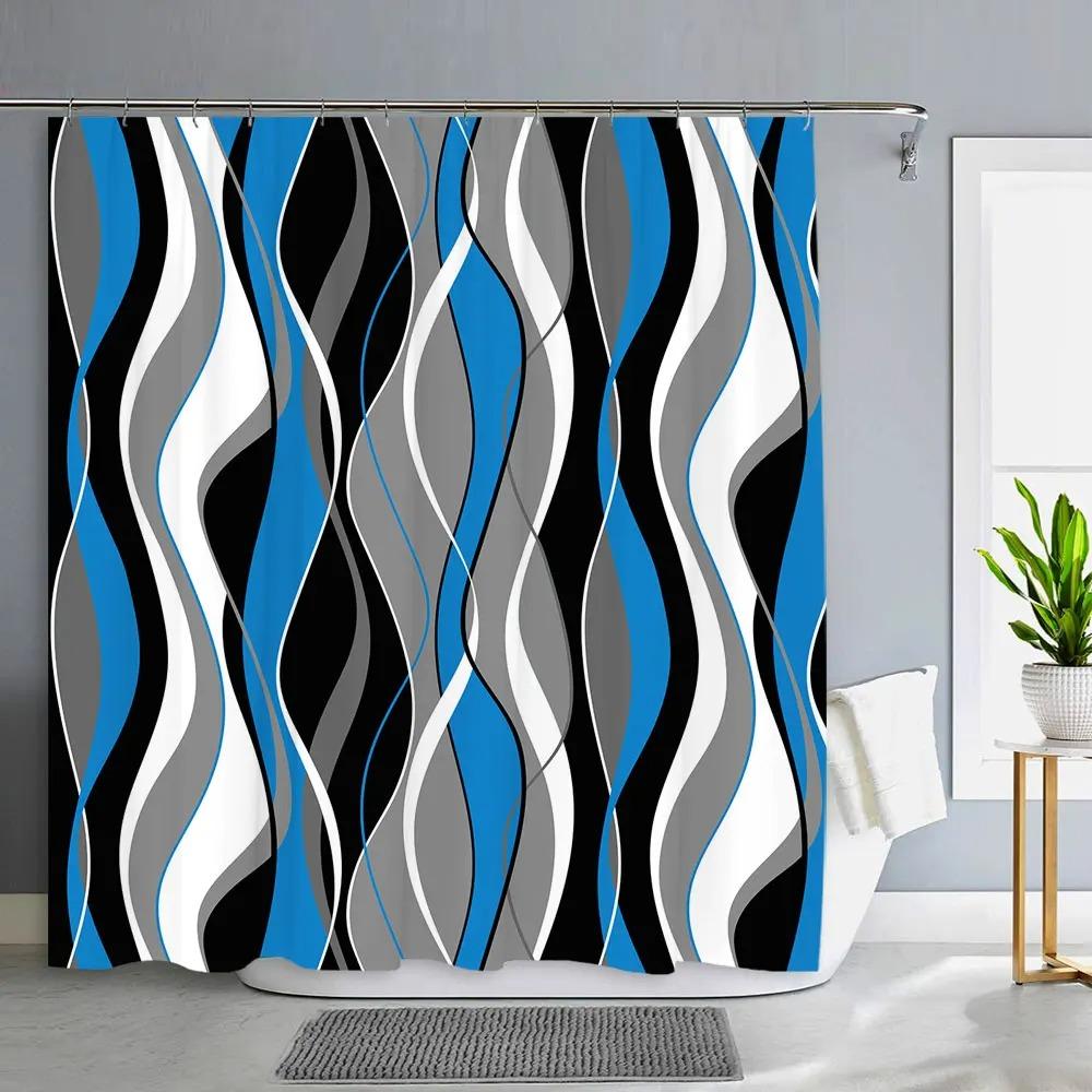 Черно-серая занавеска для душа, серо-белая абстрактная современная ванная комната, вафельная фактурная ткань, занавески для душа с крючками
